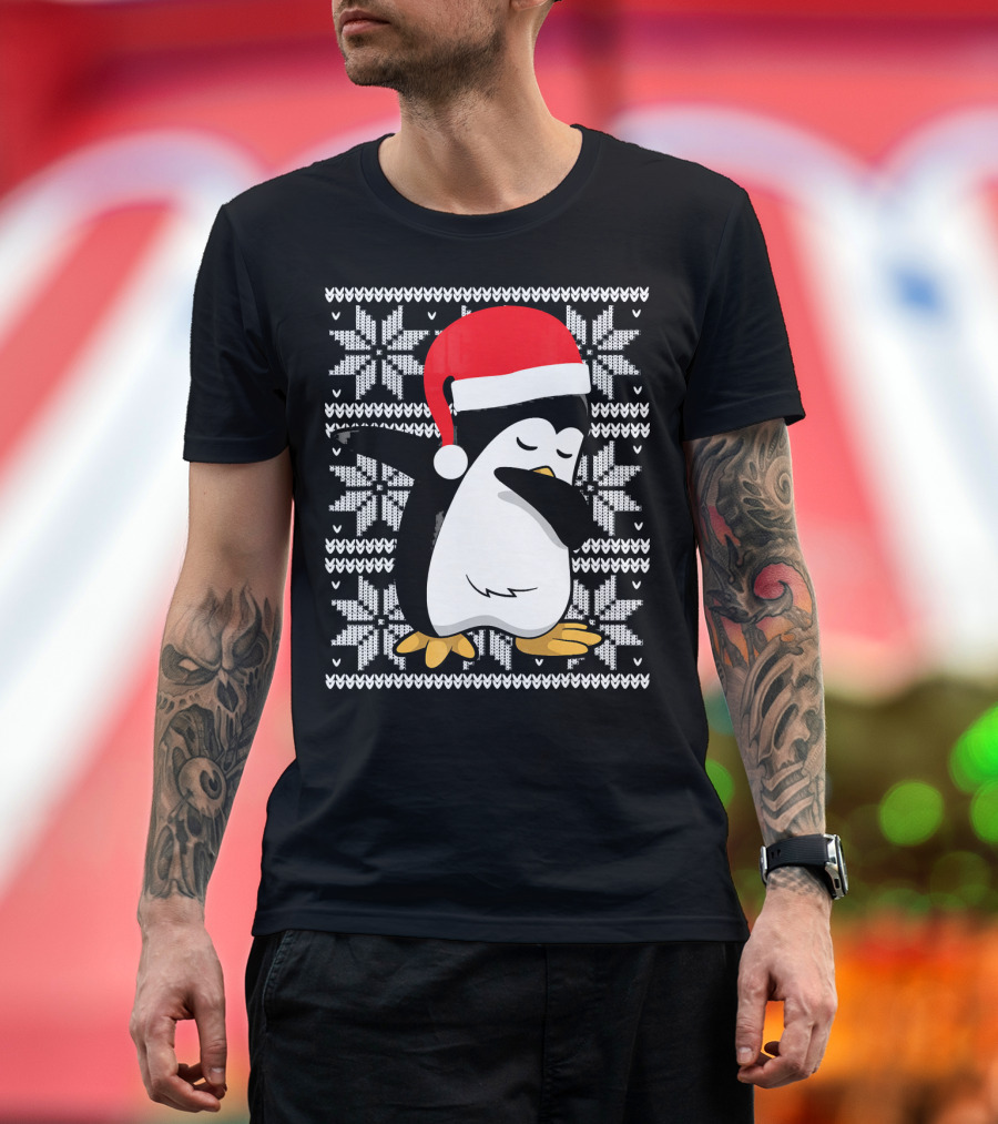 Ugly Christmas Dabbing Penguin Santa Hat Snowflake T-Shirt