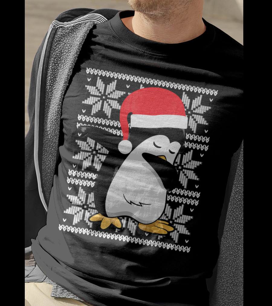 Ugly Christmas Dabbing Penguin Santa Hat Snowflake T-Shirt