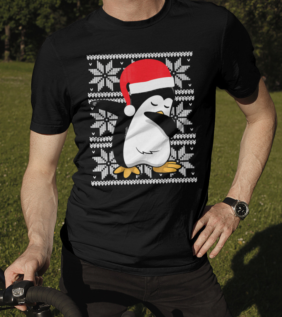 Ugly Christmas Dabbing Penguin Santa Hat Snowflake T-Shirt
