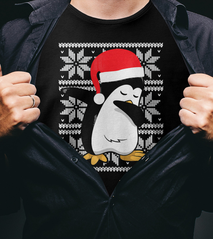 Ugly Christmas Dabbing Penguin Santa Hat Snowflake T-Shirt
