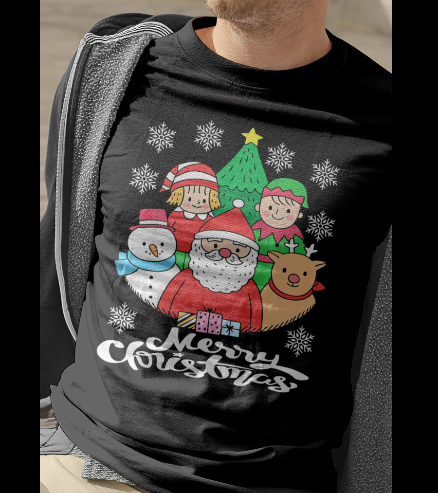 Merry Christmas Santa Claus Elf Snowman Reindeer Tree T-Shirt