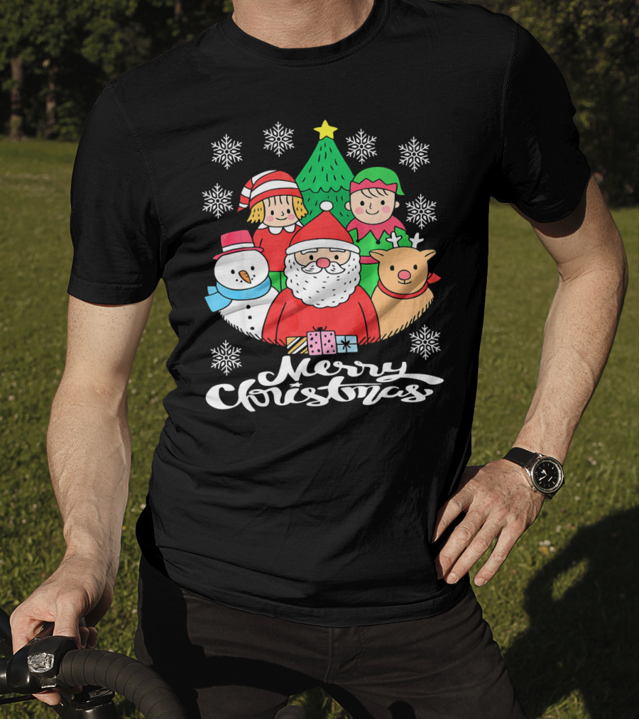 Merry Christmas Santa Claus Elf Snowman Reindeer Tree T-Shirt