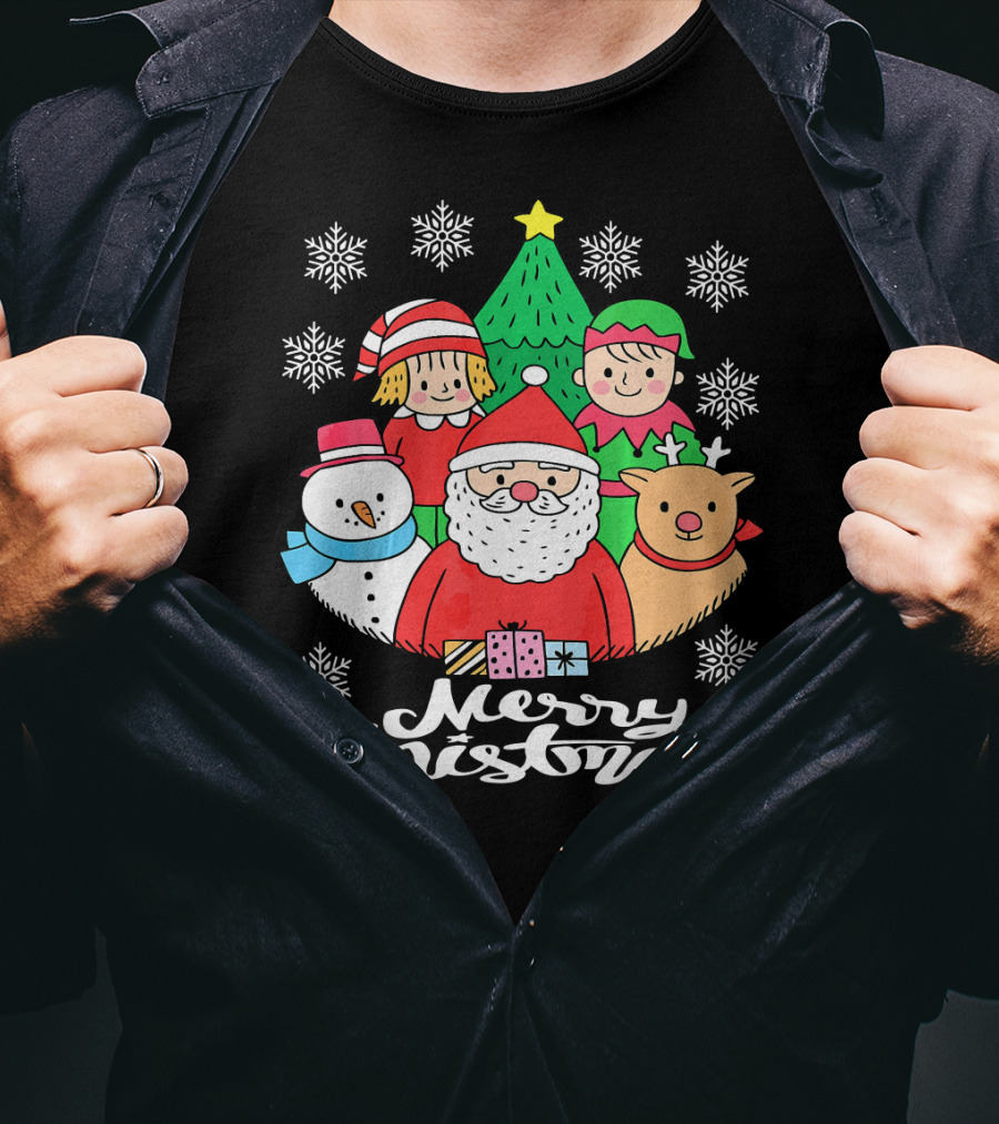 Merry Christmas Santa Claus Elf Snowman Reindeer Tree T-Shirt