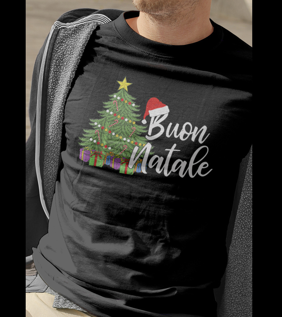 Buon Natale Italian Christmas Tree Santa Hat Tanti Auguri Regalo T-Shirt