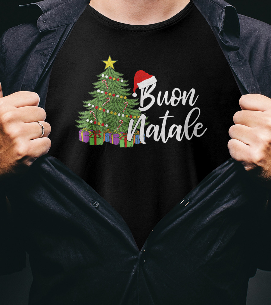 Buon Natale Italian Christmas Tree Santa Hat Tanti Auguri Regalo T-Shirt