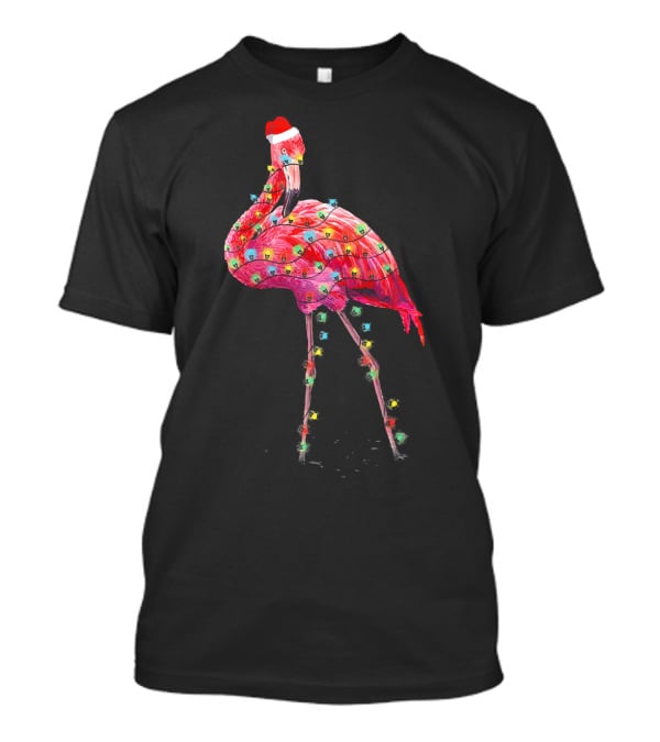 Cute Pink Flamingo Christmas Lights Santa Hat T-Shirt