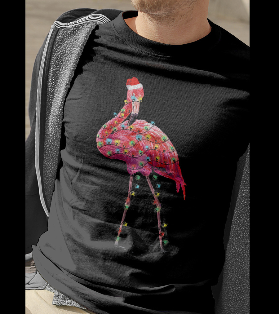 Cute Pink Flamingo Christmas Lights Santa Hat T-Shirt