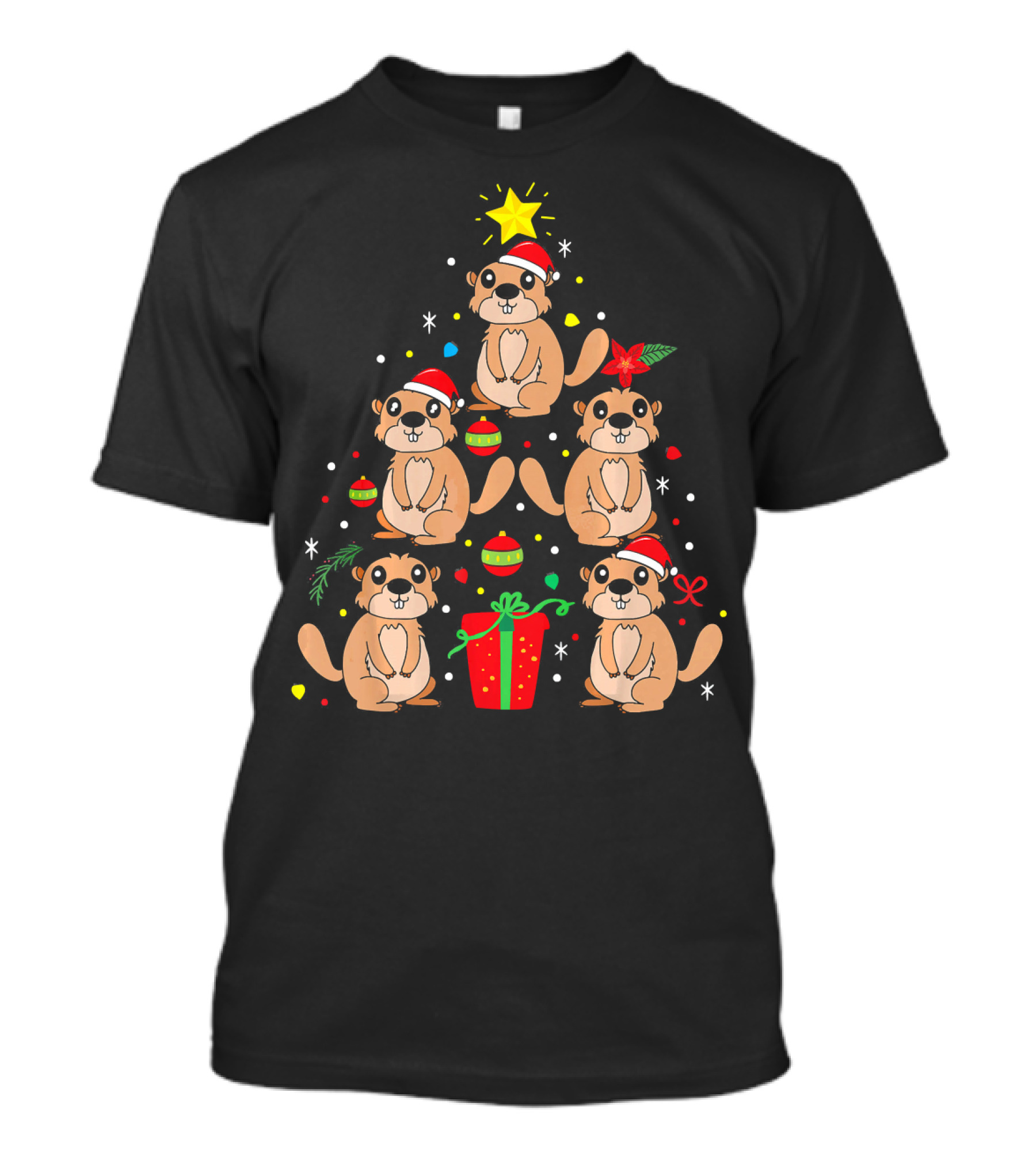 Groundhog Christmas Ornament Tree With Santa Hats And Gift T-Shirt