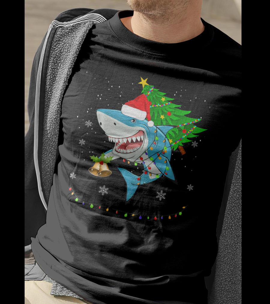 Shark Christmas Tree Santa Hat Holiday Lights Snowflakes T-Shirt