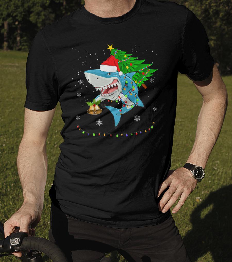 Shark Christmas Tree Santa Hat Holiday Lights Snowflakes T-Shirt