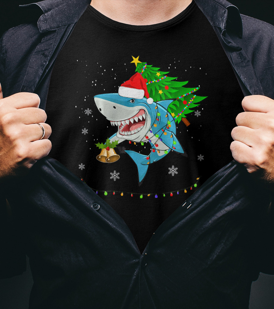 Shark Christmas Tree Santa Hat Holiday Lights Snowflakes T-Shirt