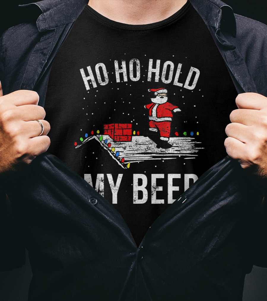 Ho Ho Hold My Beer Santa Skateboarding On Roof With Lights T-Shirt