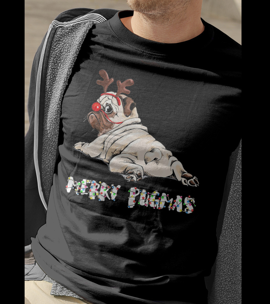 Merry Pugmas Christmas Reindeer Pug With Festive Lights For Dog Love T-Shirt