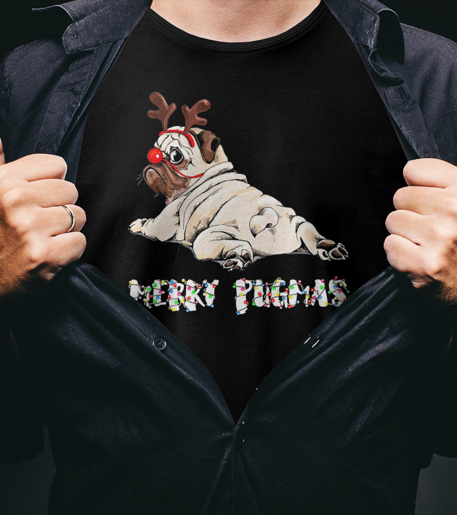 Merry Pugmas Christmas Reindeer Pug With Festive Lights For Dog Love T-Shirt