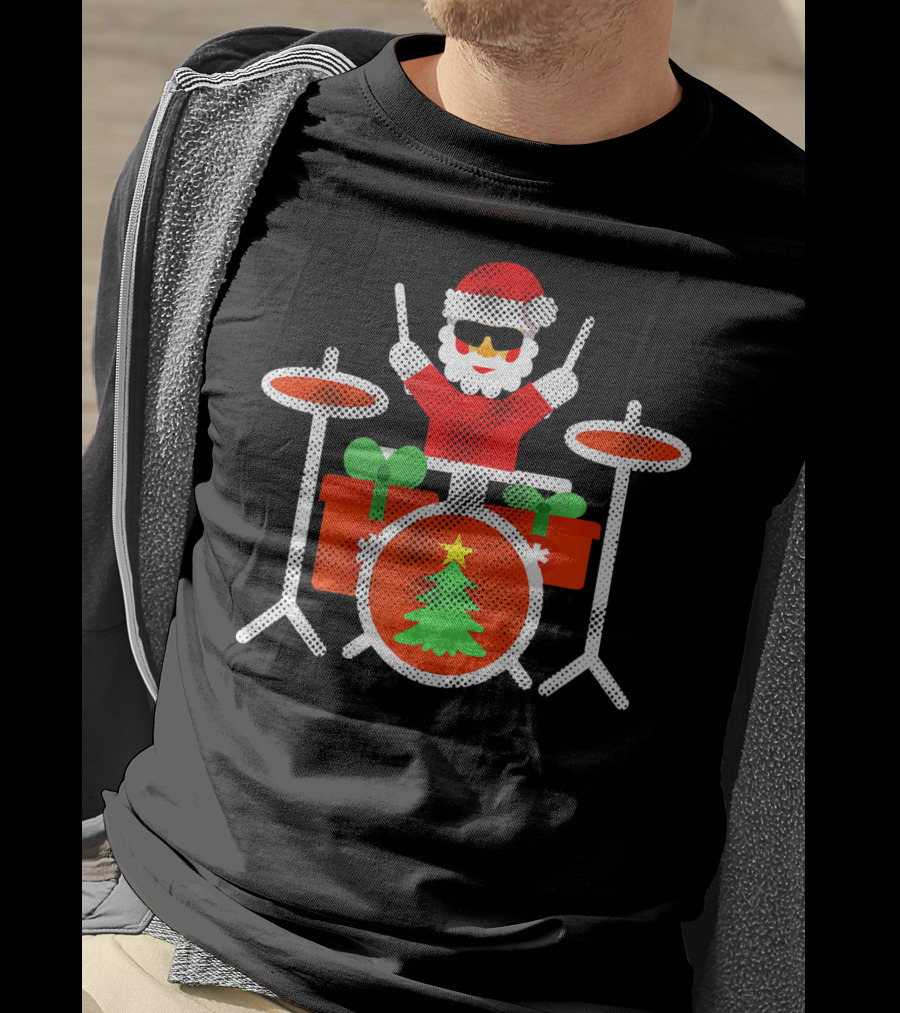 Funny Drummer Santa Christmas Drum Set With Gifts And Tree T-Shirt