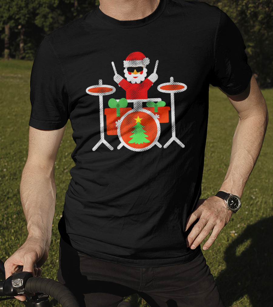 Funny Drummer Santa Christmas Drum Set With Gifts And Tree T-Shirt