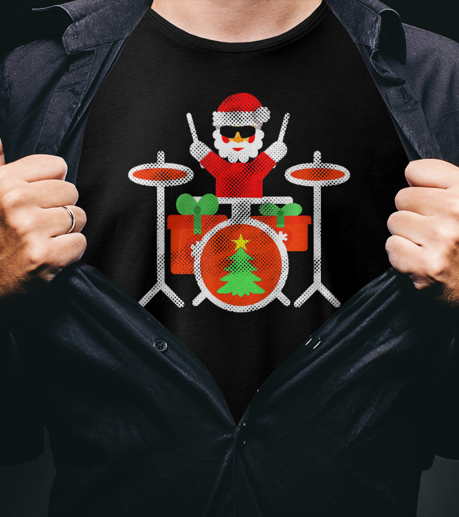 Funny Drummer Santa Christmas Drum Set With Gifts And Tree T-Shirt