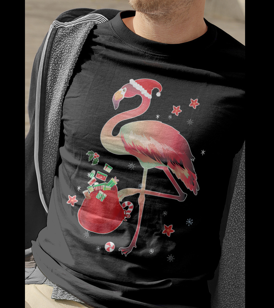 Ugly Christmas Funny Pink Flamingo With Santa Hat And Holiday Gift Bag T-Shirt