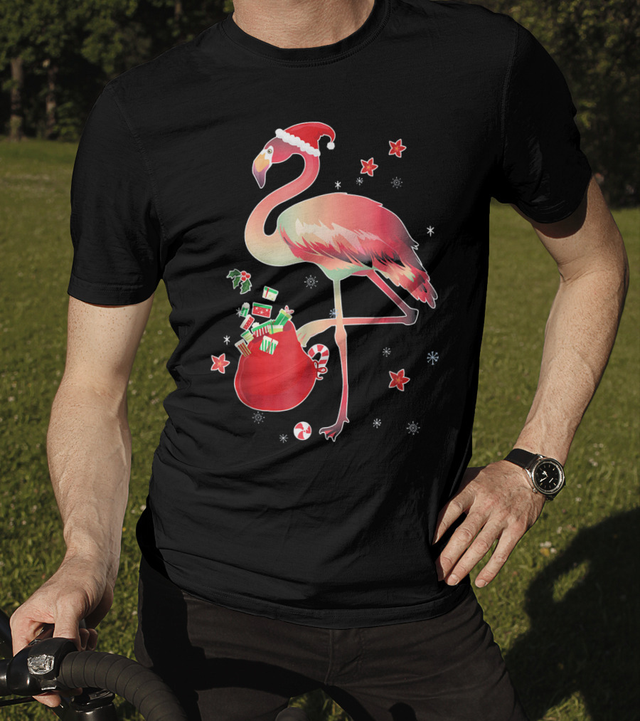 Ugly Christmas Funny Pink Flamingo With Santa Hat And Holiday Gift Bag T-Shirt