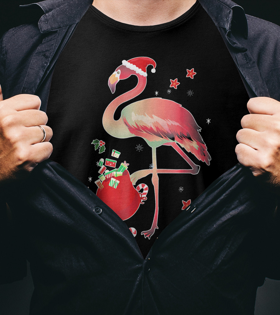 Ugly Christmas Funny Pink Flamingo With Santa Hat And Holiday Gift Bag T-Shirt