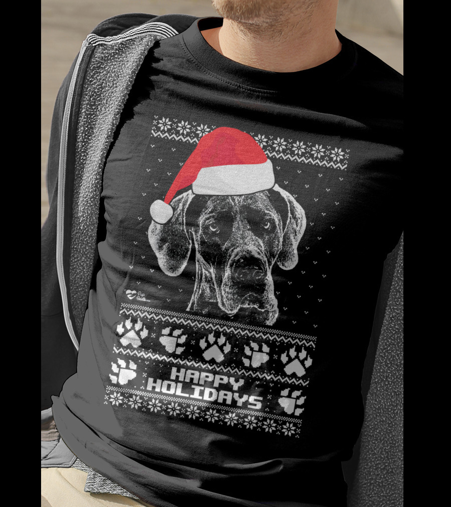 Great Dane Happy Holidays Santa Hat Paw Prints T-Shirt