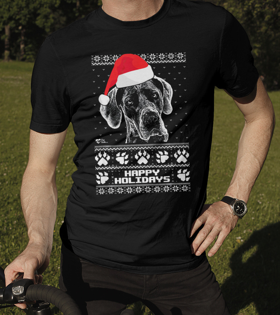 Great Dane Happy Holidays Santa Hat Paw Prints T-Shirt
