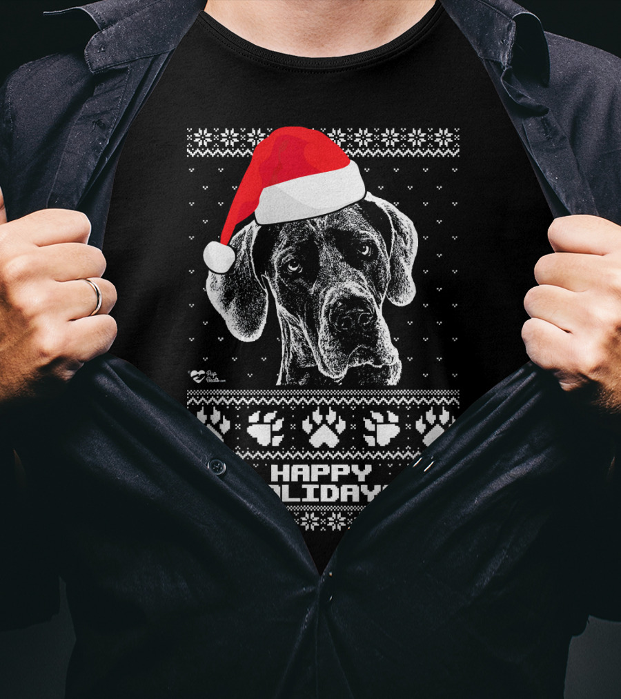 Great Dane Happy Holidays Santa Hat Paw Prints T-Shirt