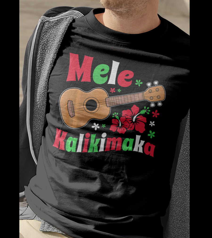 Mele Kalikimaka Ukulele Hibiscus Hawai Christmas T-Shirt