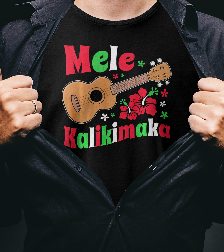Mele Kalikimaka Ukulele Hibiscus Hawai Christmas T-Shirt