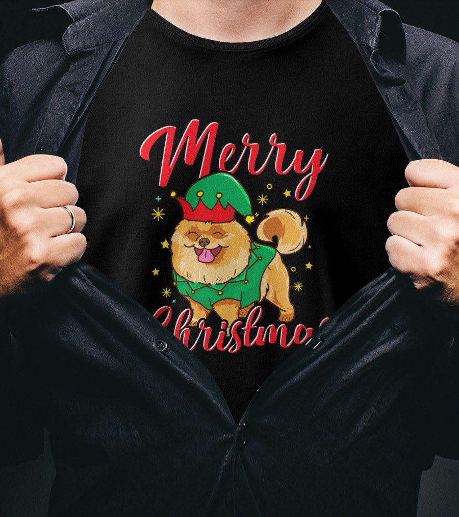 Merry Christmas Funny Cute Pomeranian Elf T-Shirt