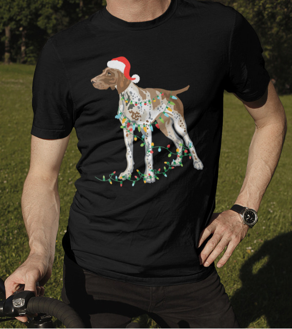 German Shorthaired Pointer Wearing Santa Hat With Christmas Lights Entwined T-Shirt