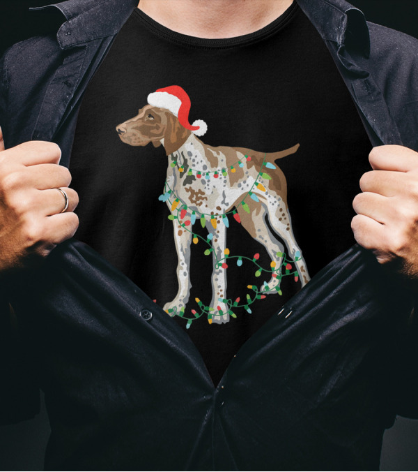 German Shorthaired Pointer Wearing Santa Hat With Christmas Lights Entwined T-Shirt
