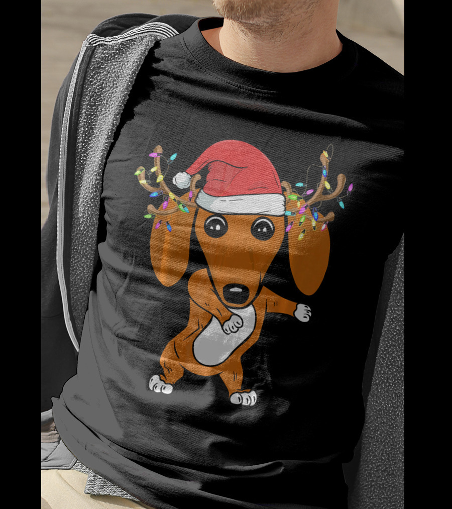 Dabbing Dachshund With Santa Hat And Reindeer Antlers T-Shirt