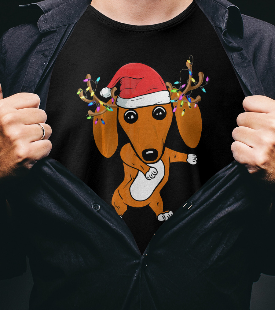 Dabbing Dachshund With Santa Hat And Reindeer Antlers T-Shirt