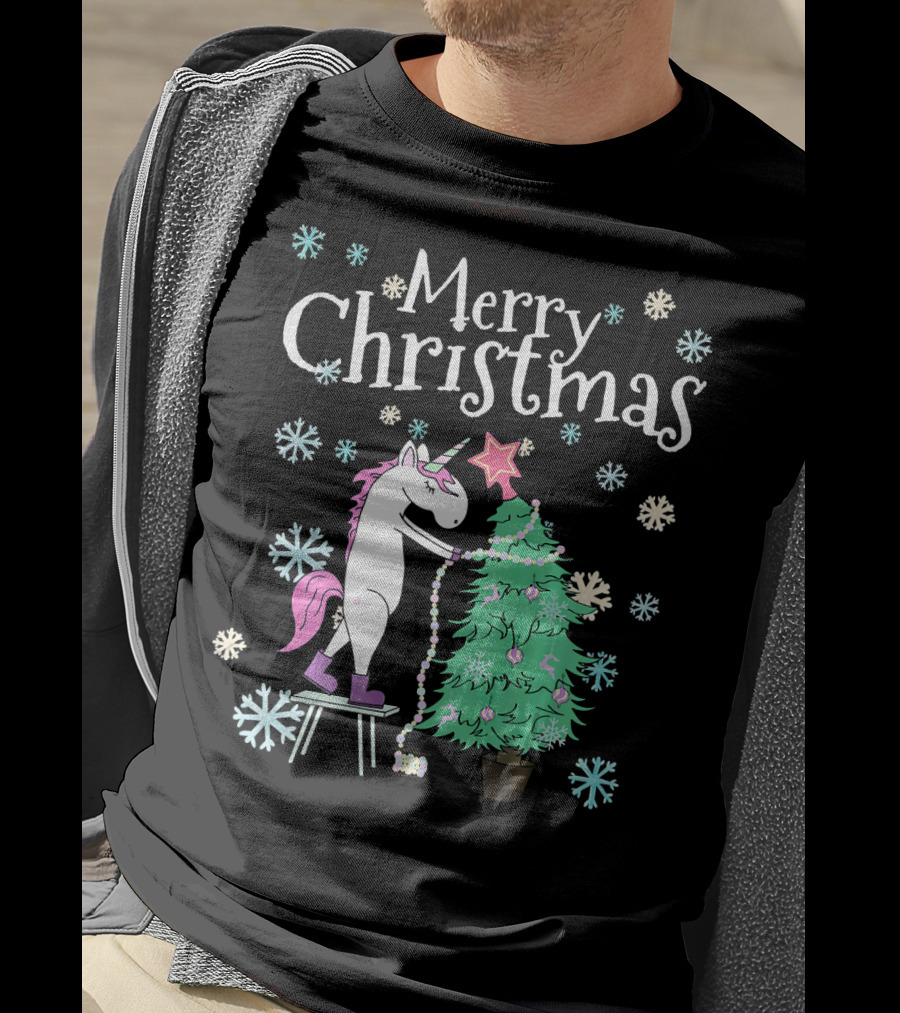 Merry Christmas Funny Unicorn Decorating Christmas Tree T-Shirt
