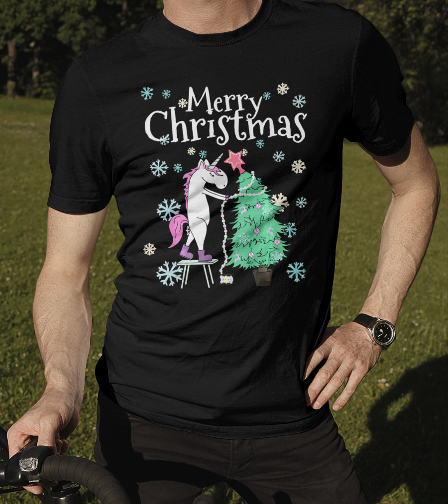 Merry Christmas Funny Unicorn Decorating Christmas Tree T-Shirt