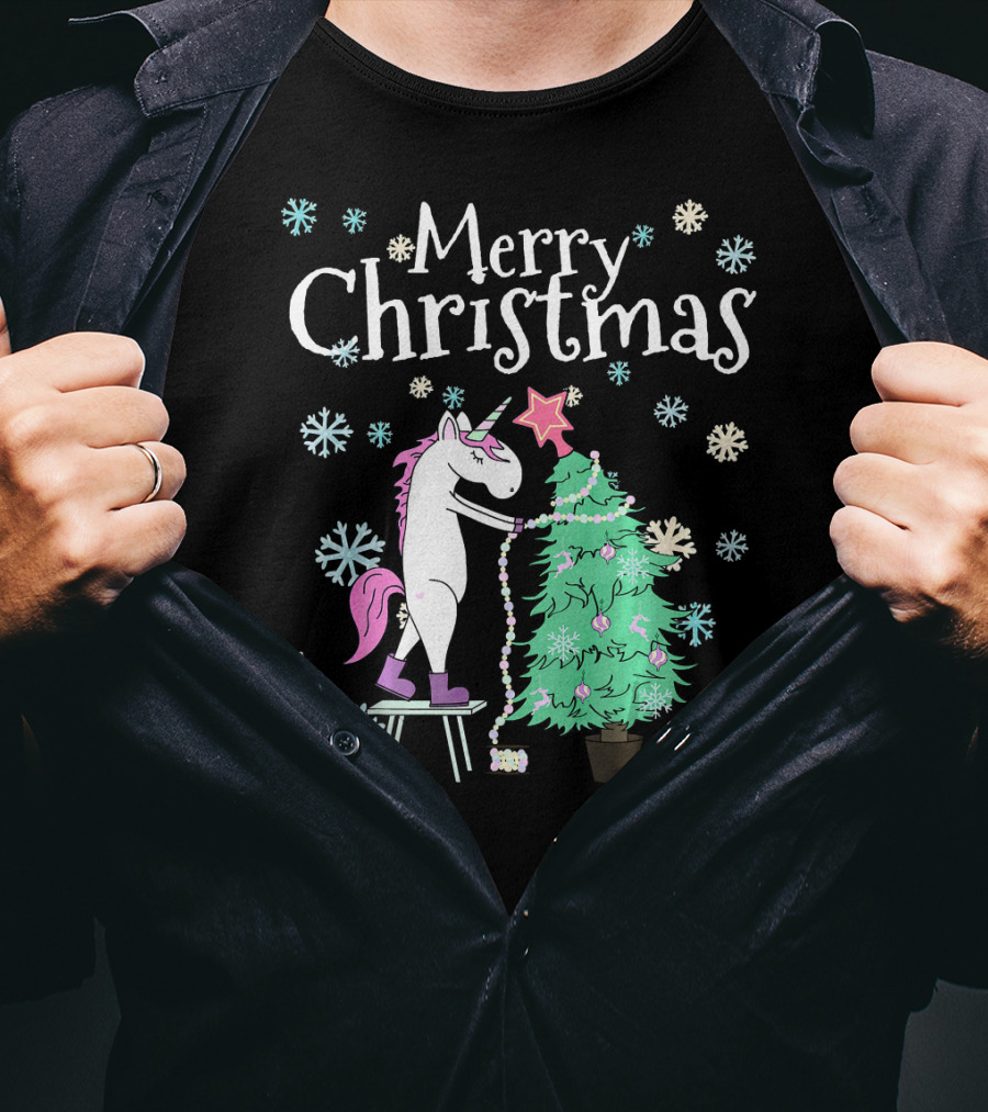 Merry Christmas Funny Unicorn Decorating Christmas Tree T-Shirt