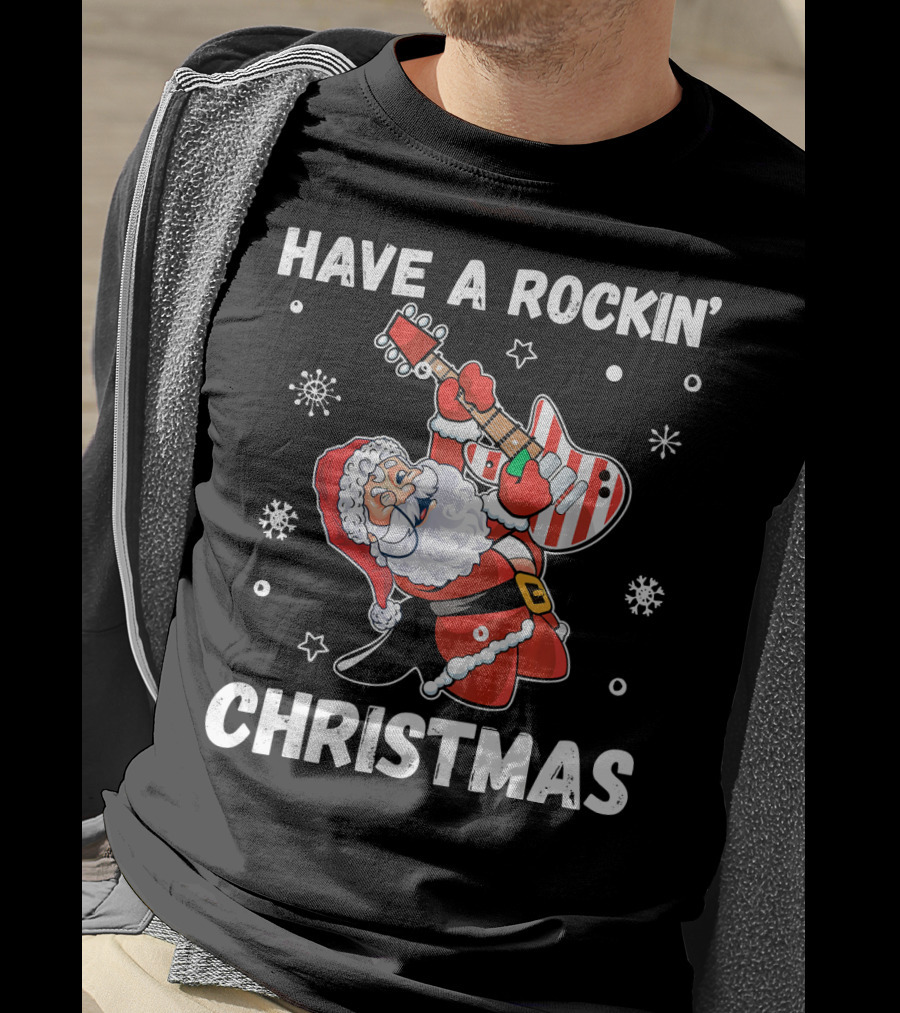 Have A Rockin' Christmas Guitarist Santa With Festive Snowflakes And Stars T-Shirt