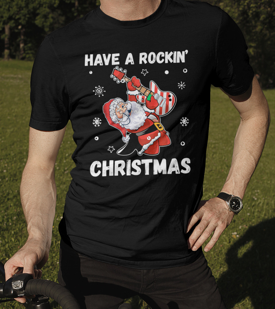 Have A Rockin' Christmas Guitarist Santa With Festive Snowflakes And Stars T-Shirt