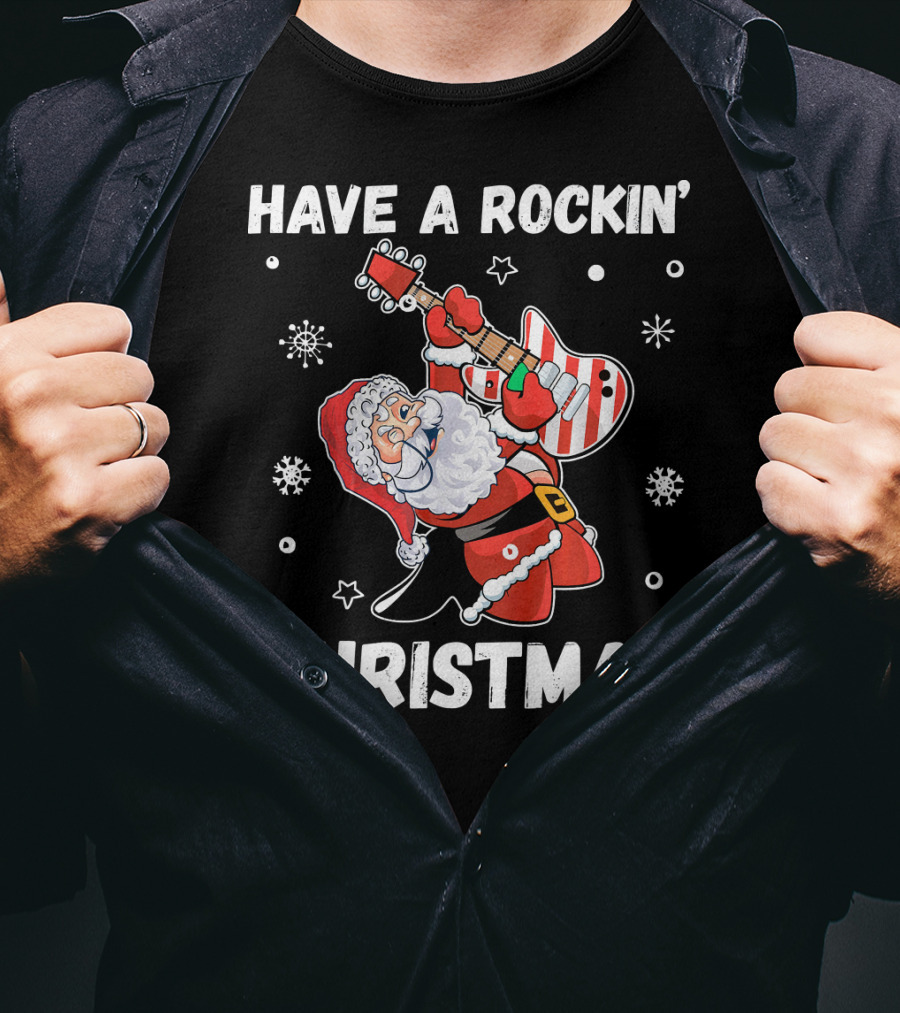 Have A Rockin' Christmas Guitarist Santa With Festive Snowflakes And Stars T-Shirt