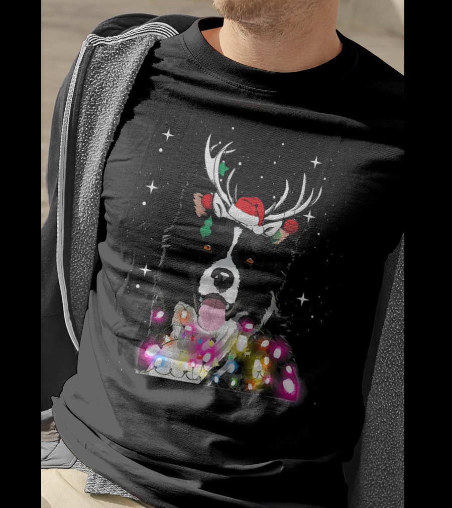 Border Collie In Santa Hat With Reindeer Antlers And Christmas Lights T-Shirt