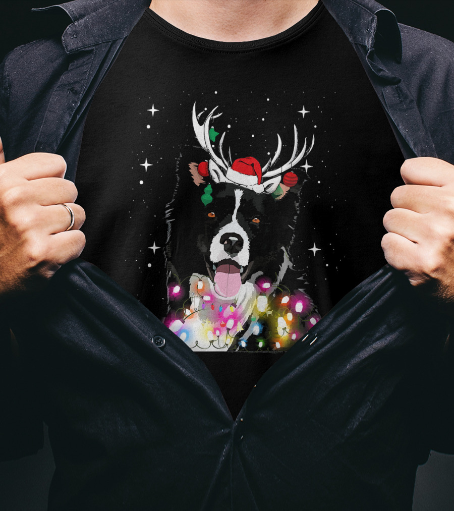 Border Collie In Santa Hat With Reindeer Antlers And Christmas Lights T-Shirt