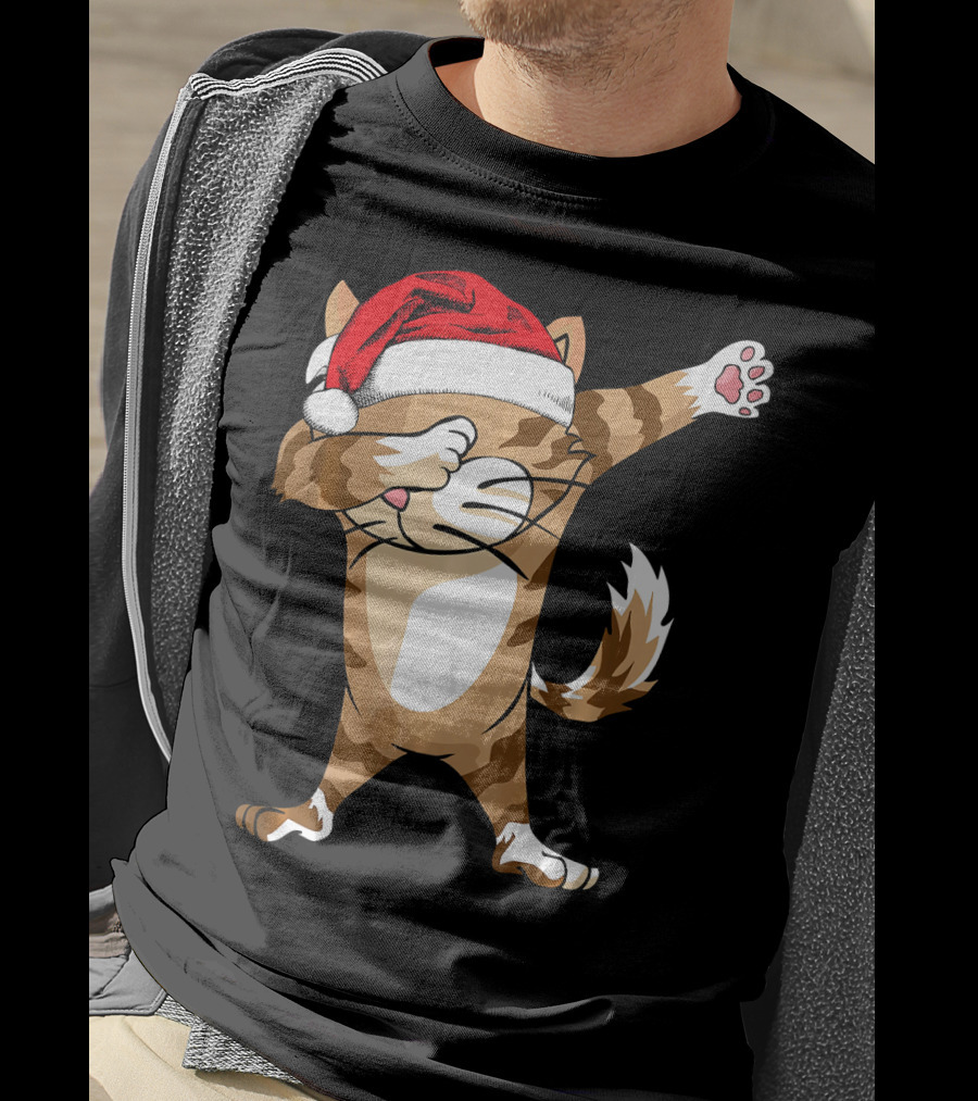 Santa Hat Dabbing Cat Christmas Holiday Fun T-Shirt