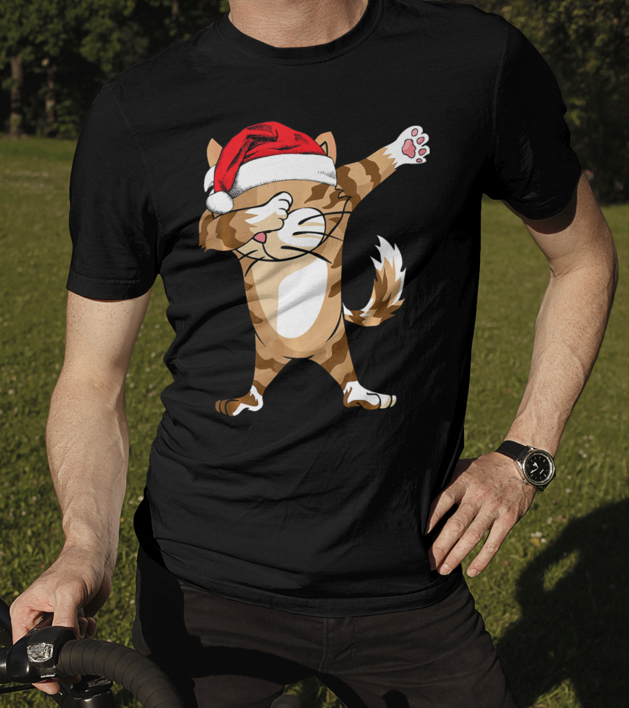 Santa Hat Dabbing Cat Christmas Holiday Fun T-Shirt