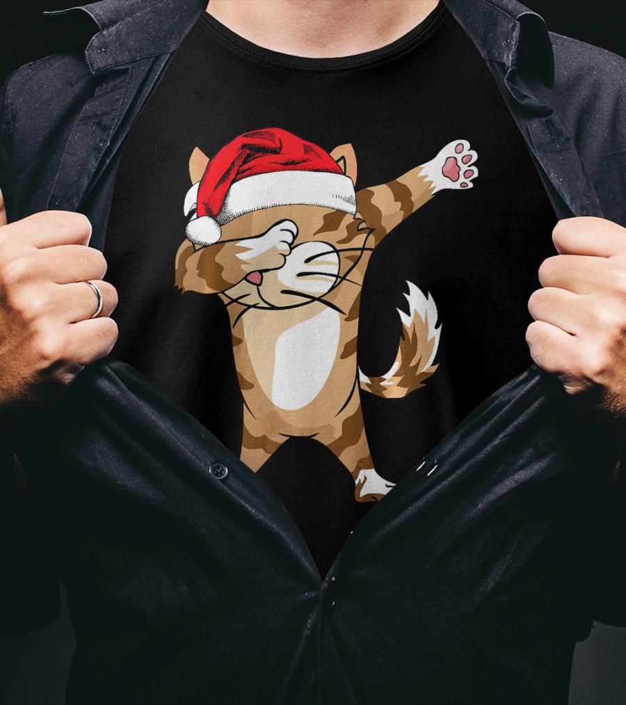 Santa Hat Dabbing Cat Christmas Holiday Fun T-Shirt