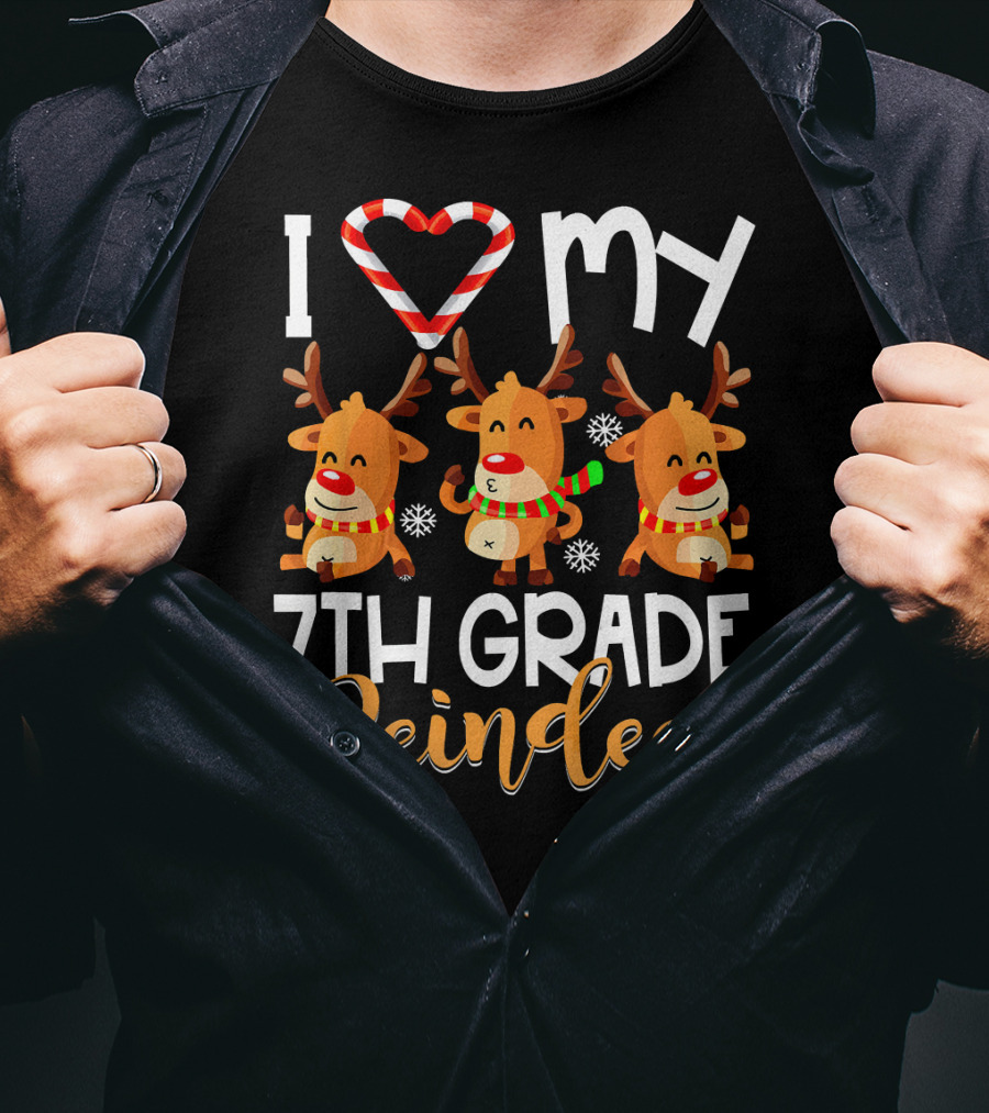 I Love My 7th Grade Reindeer Christmas Candy Cane Snowflakes T-Shirt