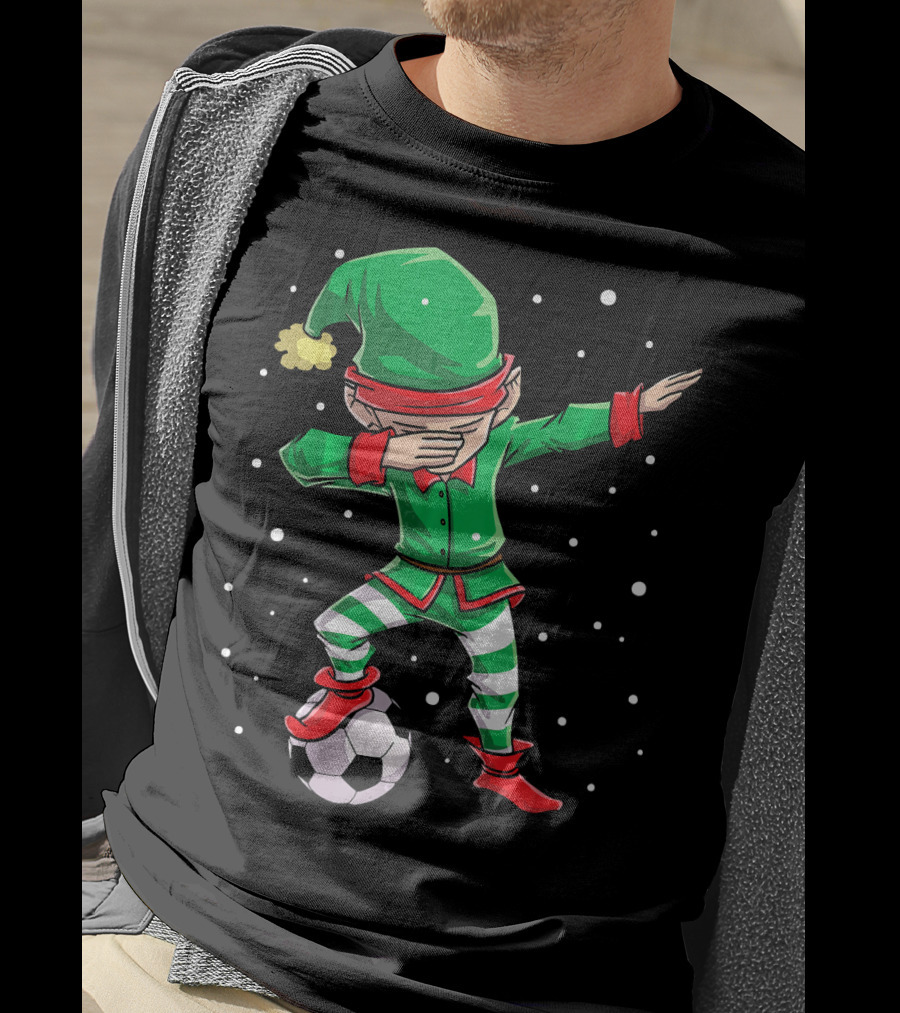 Christmas Soccer Dabbing Elf Kicking Ball In Snowy Scene T-Shirt