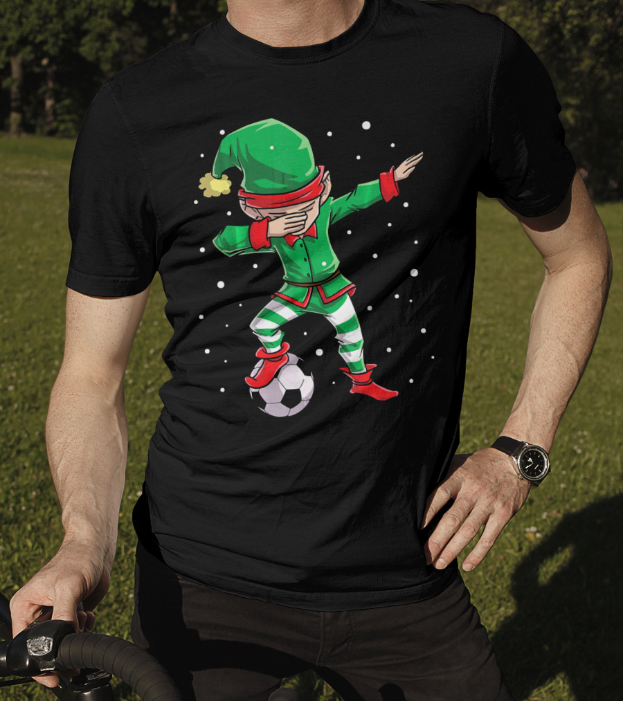 Christmas Soccer Dabbing Elf Kicking Ball In Snowy Scene T-Shirt