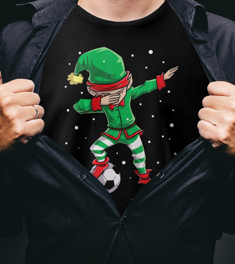 Christmas Soccer Dabbing Elf Kicking Ball In Snowy Scene T-Shirt