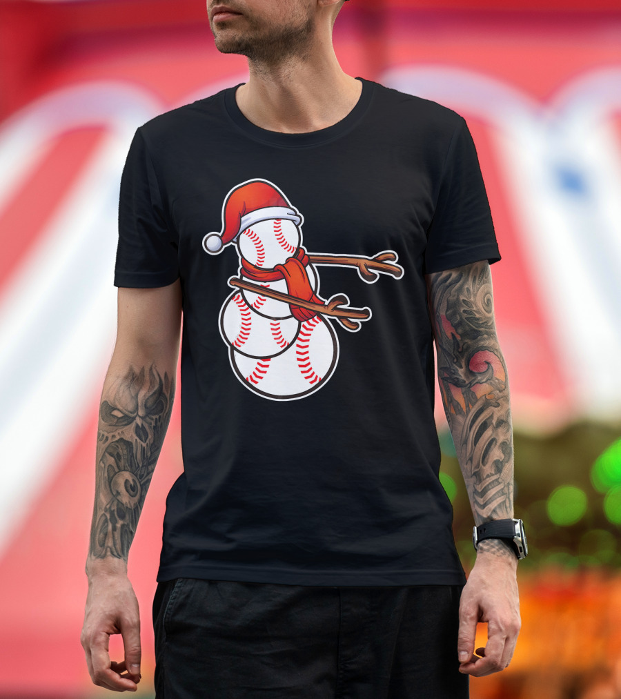 Santa Hat Snowman Made of Baseballs Flossing T-Shirt